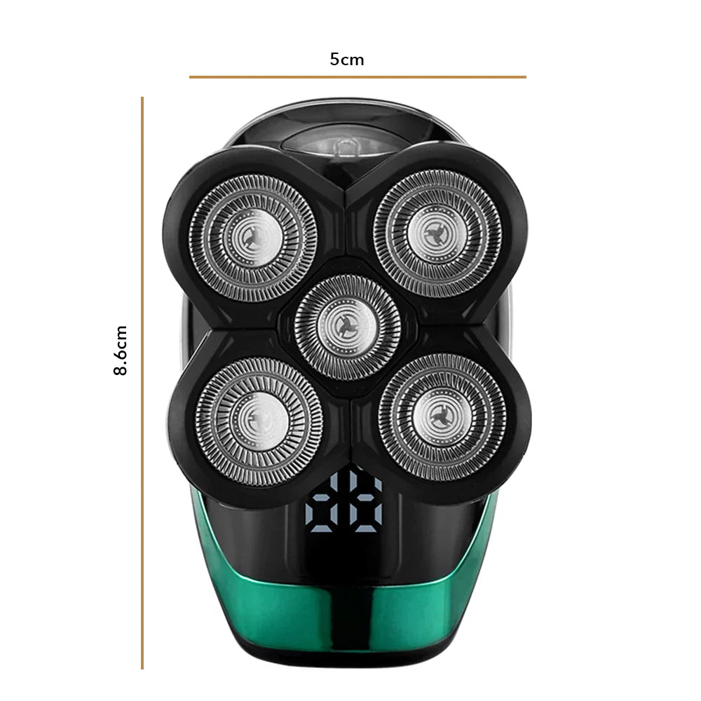 Elektrisk 5-i-1 Roterende Barbermaskine | Vandtæt IPX7 | Digital Display | Nakke- & Øretrimmer | 5D Flydende Hoveder | Komplett Grooming Kit til Mænd | Genopladelig 600mAh Batteri | USB Opladning