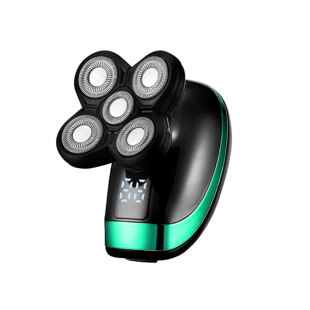 Elektrisk 5-i-1 Roterende Barbermaskine | Vandtæt IPX7 | Digital Display | Nakke- & Øretrimmer | 5D Flydende Hoveder | Komplett Grooming Kit til Mænd | Genopladelig 600mAh Batteri | USB Opladning