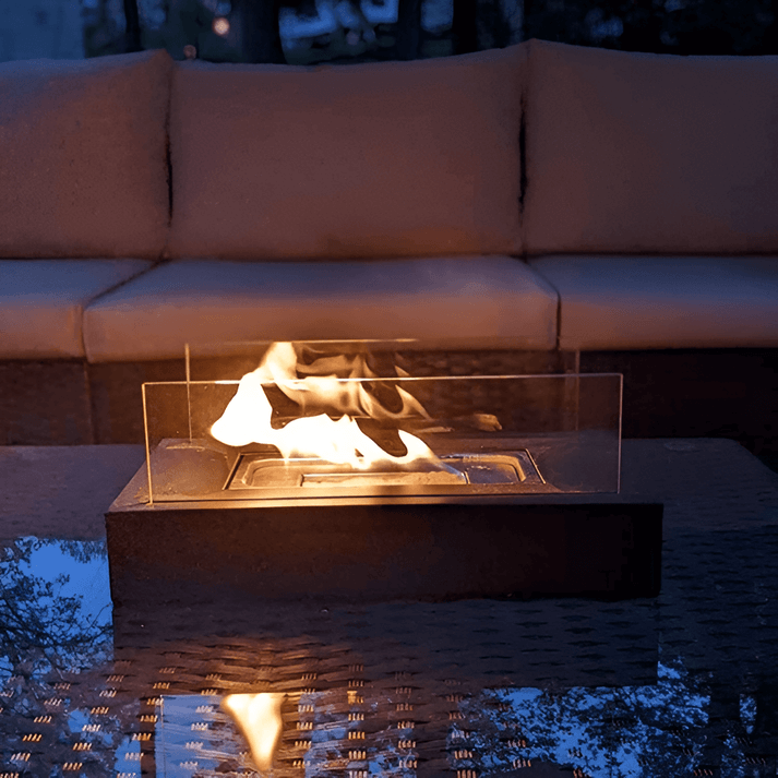 Tischkamin mit Bioethanol | Modernes Design | Schwarz | Für drinnen und draußen | Rechteckige Form | Robustes Glas und Metall