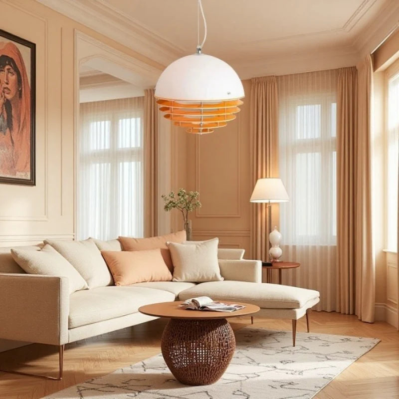 Hrafen Loftlampe | Glas Pendel | Unik Dome Design | Orange og Hvid | Elegant Atmosfære | E27 Fatning | Moderne Belysning | Akryl og Metal | 110-240V | Til Stue, Kontor, Café | IP20