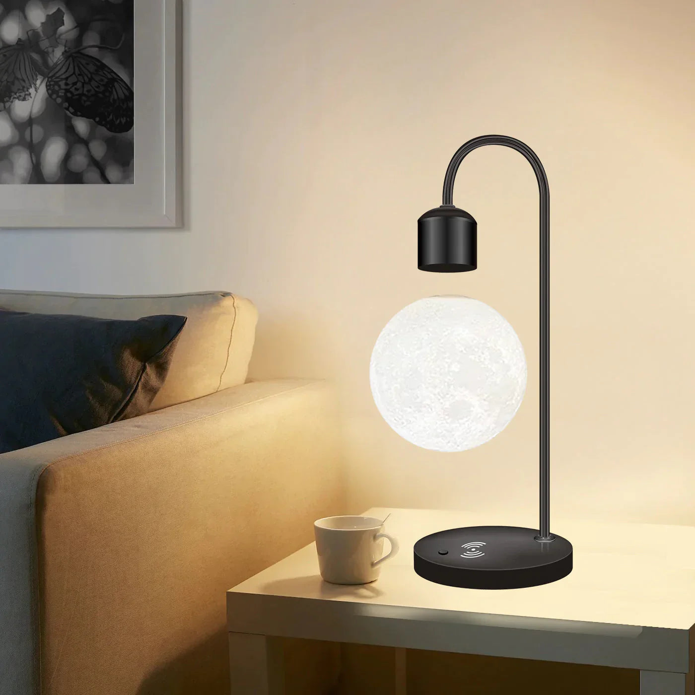 Lampe Lune Flottante | Recharge Sans Fil | Base Magnétique | LED | Design Moderne | Inspiration Vintage | 37 cm de Hauteur | Bois & Aluminium