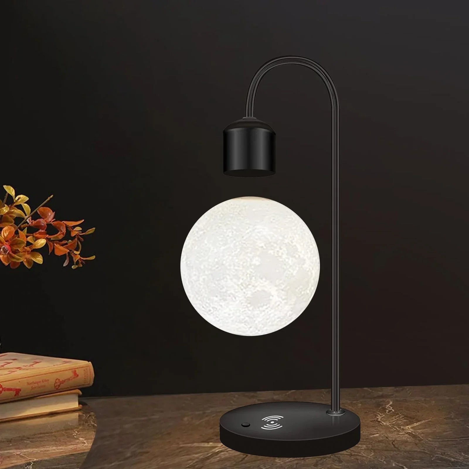 Lampe Lune Flottante | Recharge Sans Fil | Base Magnétique | LED | Design Moderne | Inspiration Vintage | 37 cm de Hauteur | Bois & Aluminium