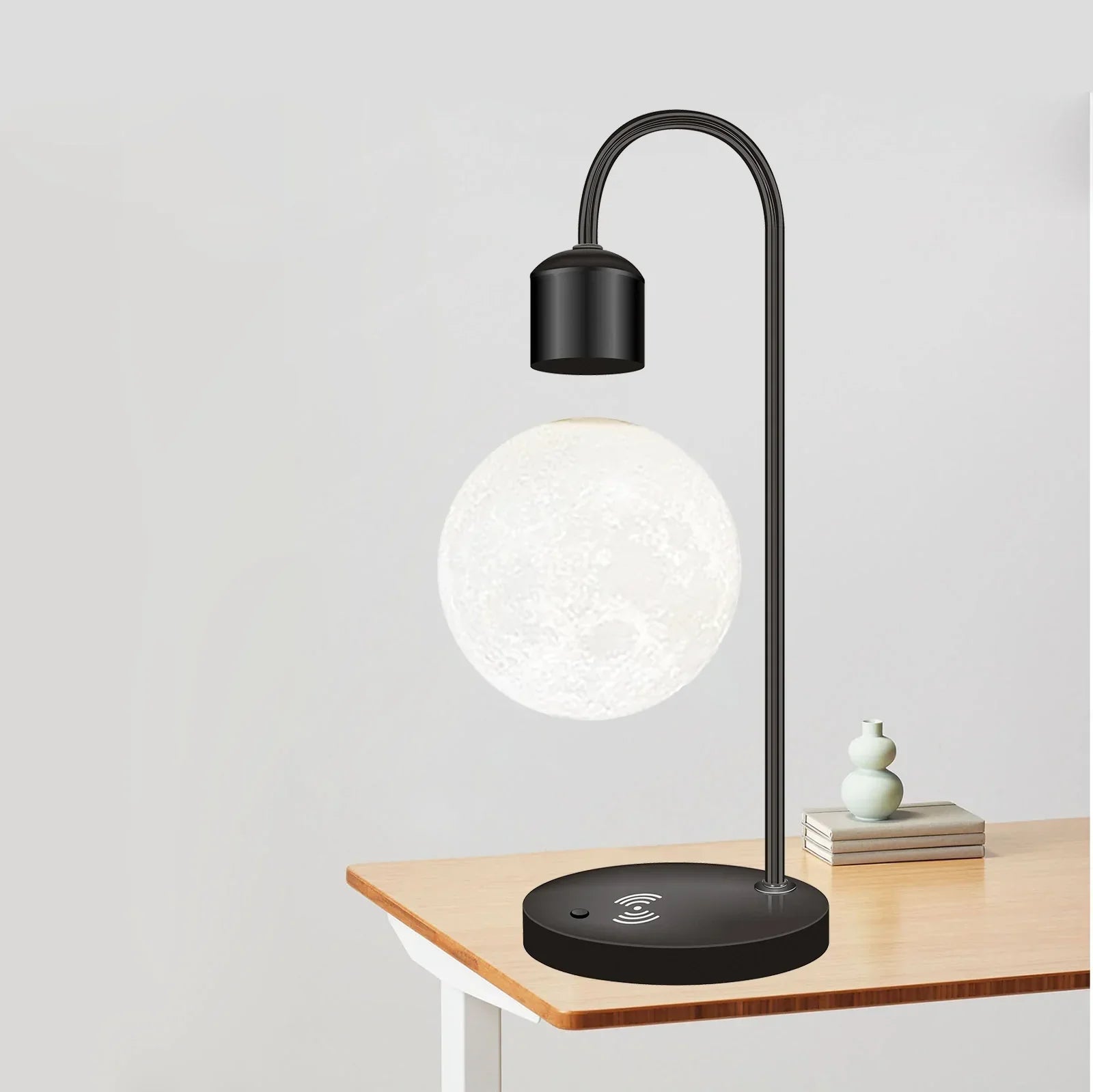 Lampe Lune Flottante | Recharge Sans Fil | Base Magnétique | LED | Design Moderne | Inspiration Vintage | 37 cm de Hauteur | Bois & Aluminium