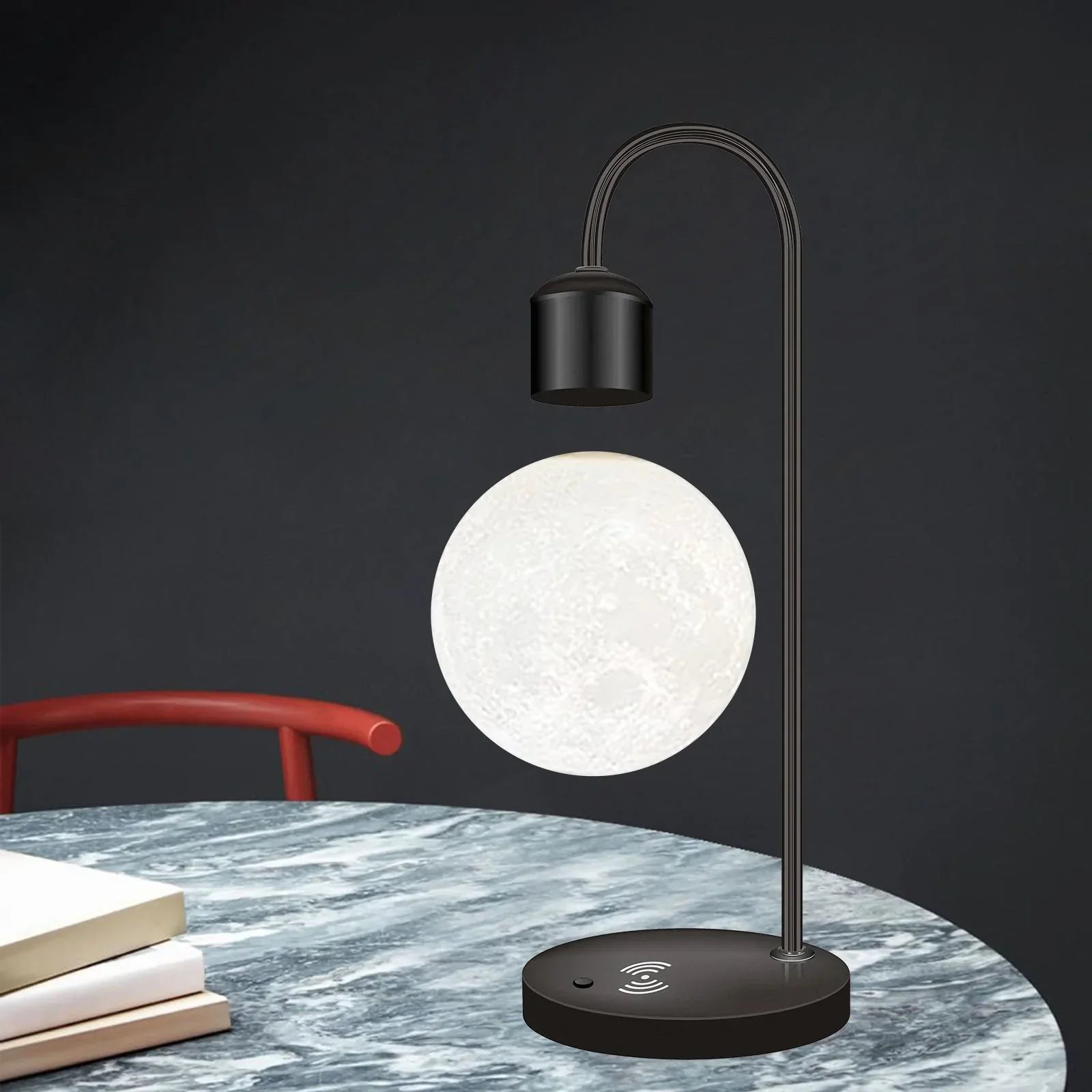 Lampe Lune Flottante | Recharge Sans Fil | Base Magnétique | LED | Design Moderne | Inspiration Vintage | 37 cm de Hauteur | Bois & Aluminium