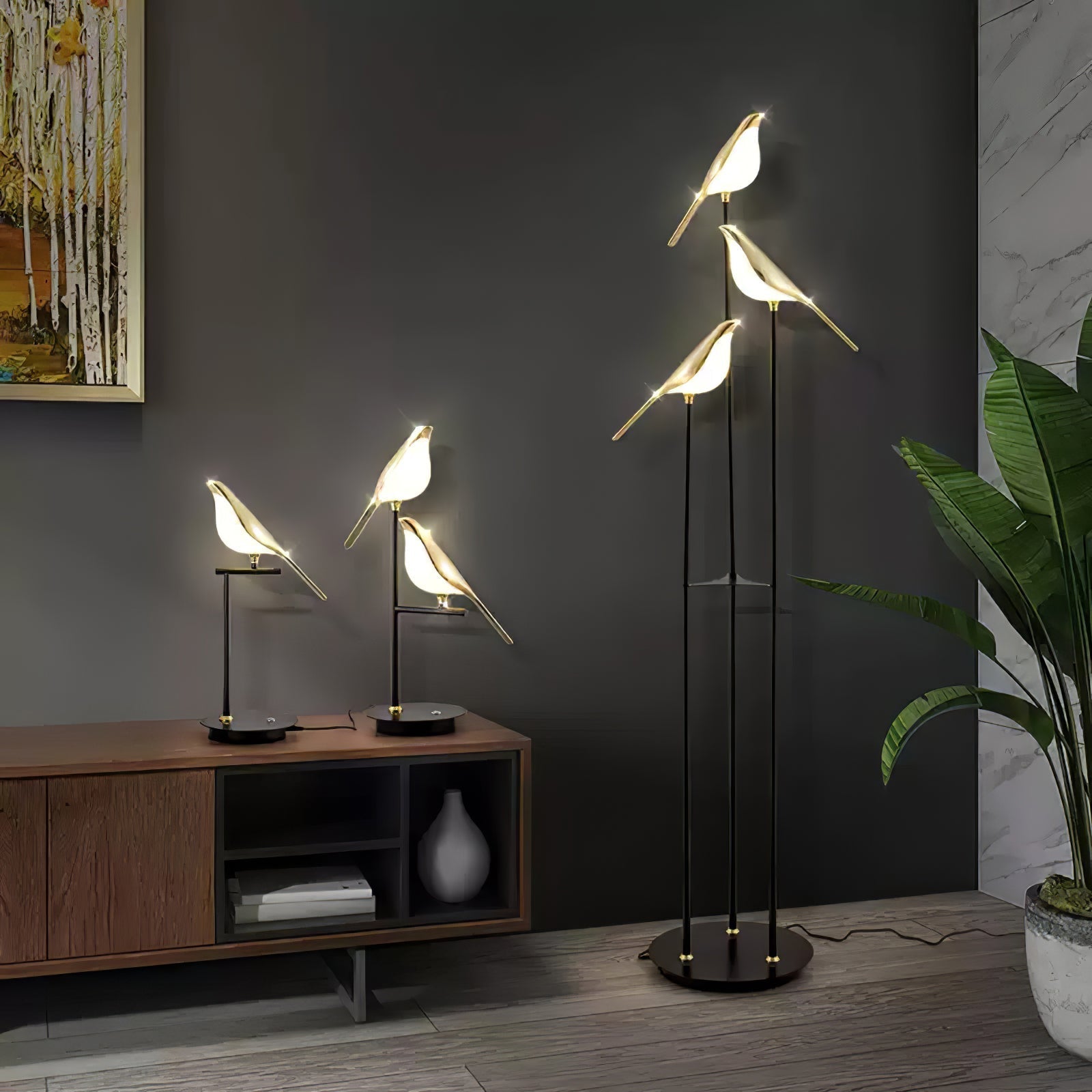 Misterlamp Magpie Perch Kollektion | Stehlampe | Integrierte LED | Minimalistisches Design | Schwarzes Gestell | Naturinspiriertes vogelähnliches