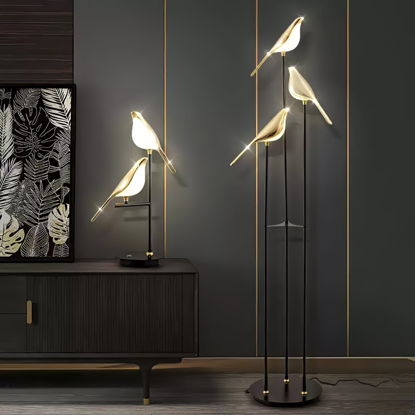 Misterlamp Magpie Perch Kollektion | Stehlampe | Integrierte LED | Minimalistisches Design | Schwarzes Gestell | Naturinspiriertes vogelähnliches