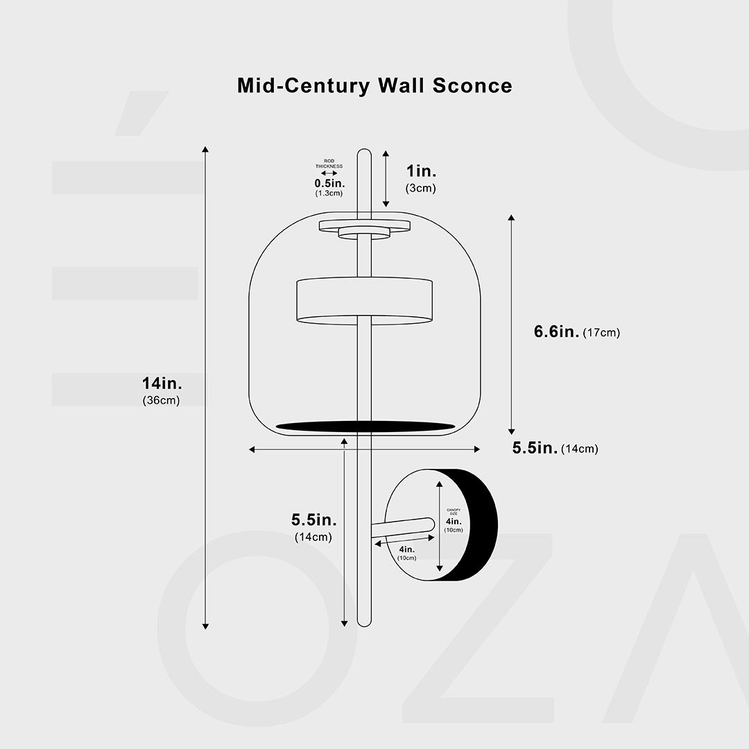 Design från mitten av århundradet | Vägglampa med glasskärm | Elegant belysning | Passar moderna interiörer | Aluminium och glas | Enkel installation | LED | Varmvit 4000K | H 55 cm | B 20 cm | D 15 cm | UL-certifierad