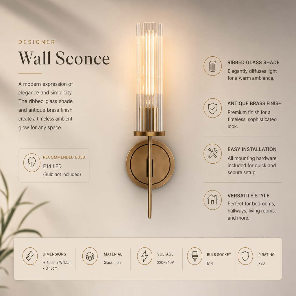 KopraLux Wall Light | Ribbed Glass | Warm Copper Finish | Elegant Vintage Design | Home Decor | E27 Compatible