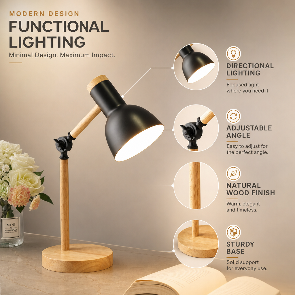 NordicGlow | Wooden Adjustable Scandinavian Desk Lamp | Minimalist Design | Home Lighting Elegance