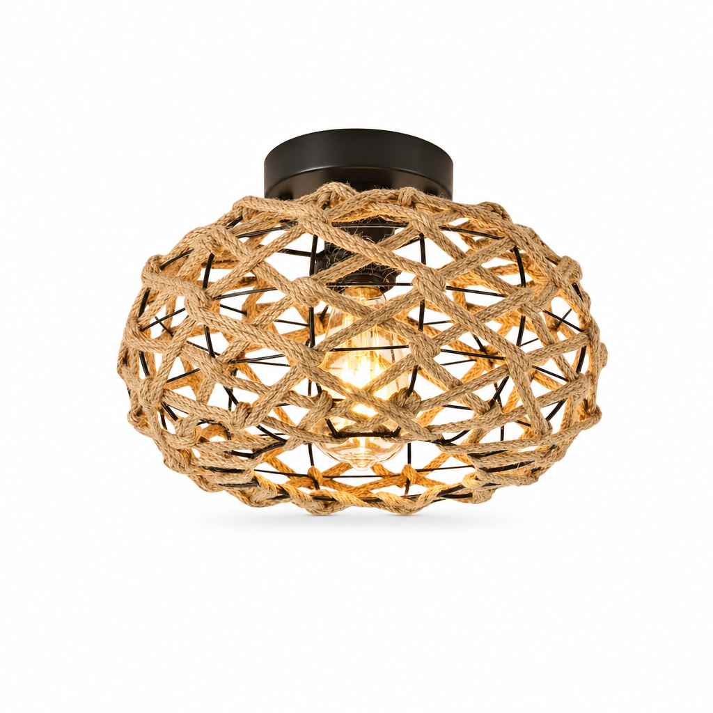Unique Handwoven Lamp, Zen Home Light, Ceiling Light, Embedded Ceiling Light, Holiday Gift Light, Hemp Rope Iron Art Light, Elegant Retro Bohemian Style Chandelier with Metal Decorated Country Woven Rope Design for Bedroom, Kitchen, Corridor and Rural Dec