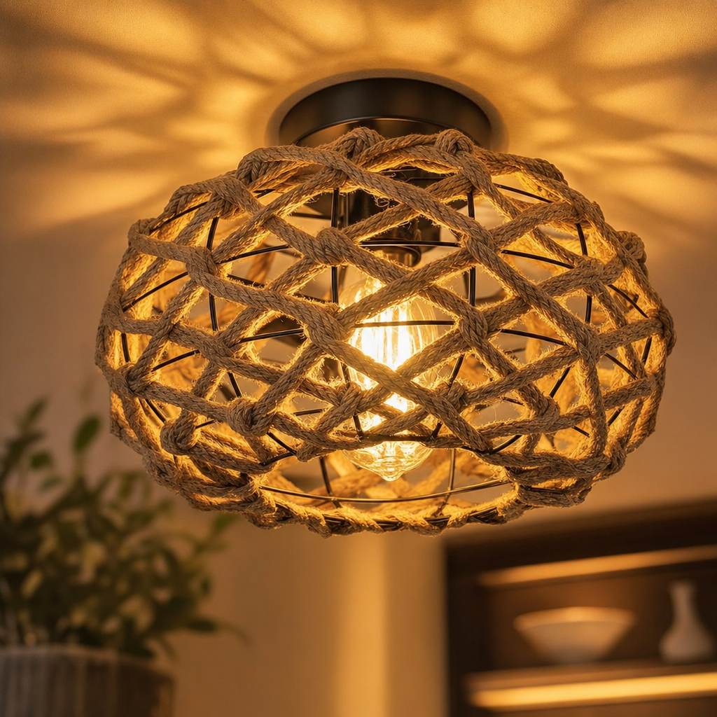 Unique Handwoven Lamp, Zen Home Light, Ceiling Light, Embedded Ceiling Light, Holiday Gift Light, Hemp Rope Iron Art Light, Elegant Retro Bohemian Style Chandelier with Metal Decorated Country Woven Rope Design for Bedroom, Kitchen, Corridor and Rural Dec
