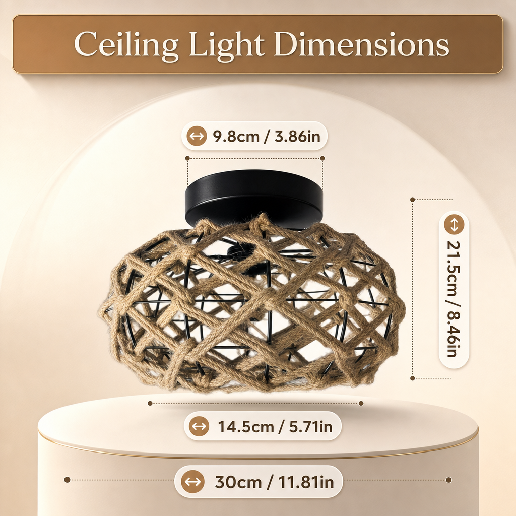 Unique Handwoven Lamp, Zen Home Light, Ceiling Light, Embedded Ceiling Light, Holiday Gift Light, Hemp Rope Iron Art Light, Elegant Retro Bohemian Style Chandelier with Metal Decorated Country Woven Rope Design for Bedroom, Kitchen, Corridor and Rural Dec