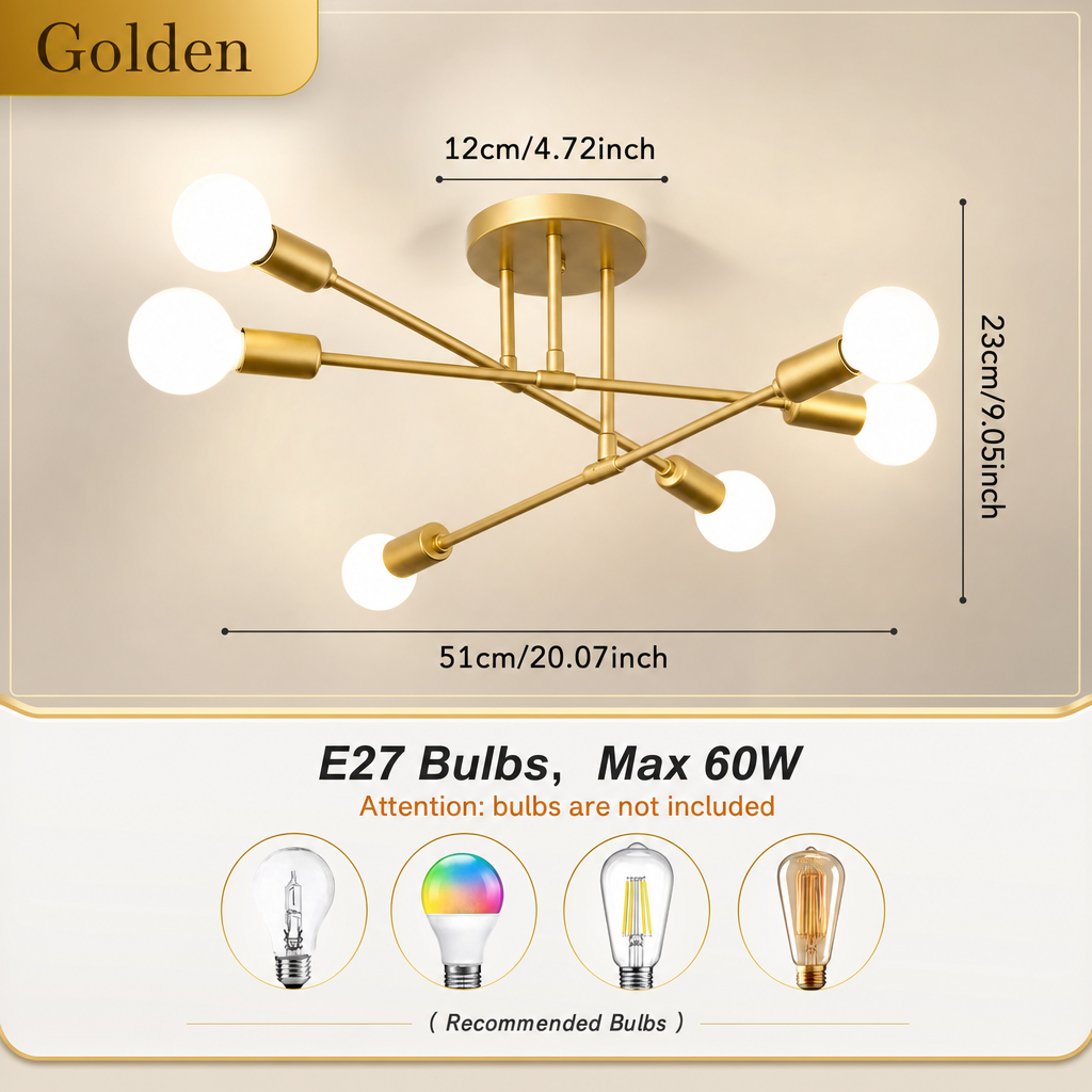 1pc Modern Simple and Luxurious Creative Design, 6 Lamps E27 Bulb Base, Branch Chandelier, Living Room, Bedroom, Dining Room, Kitchen, Hallway, Halloween Christmas Ceiling Light (without Bulb)