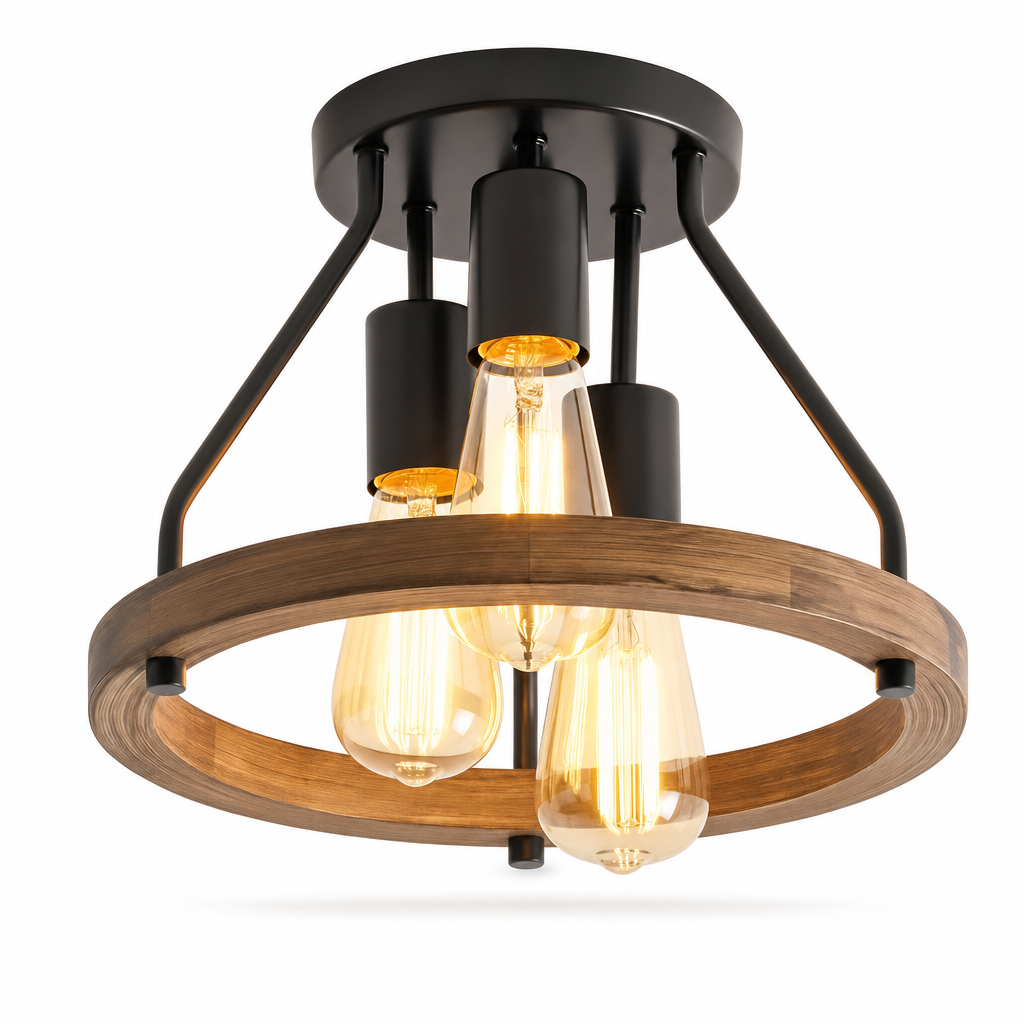 Rustic Farmhouse 3-Light Chandelier | Semi-Flush Mount, Metal End with E27 Base for Hallway, Bedroom & Kitchen Decor, Includes Installation Hardware, No Bulbs Included