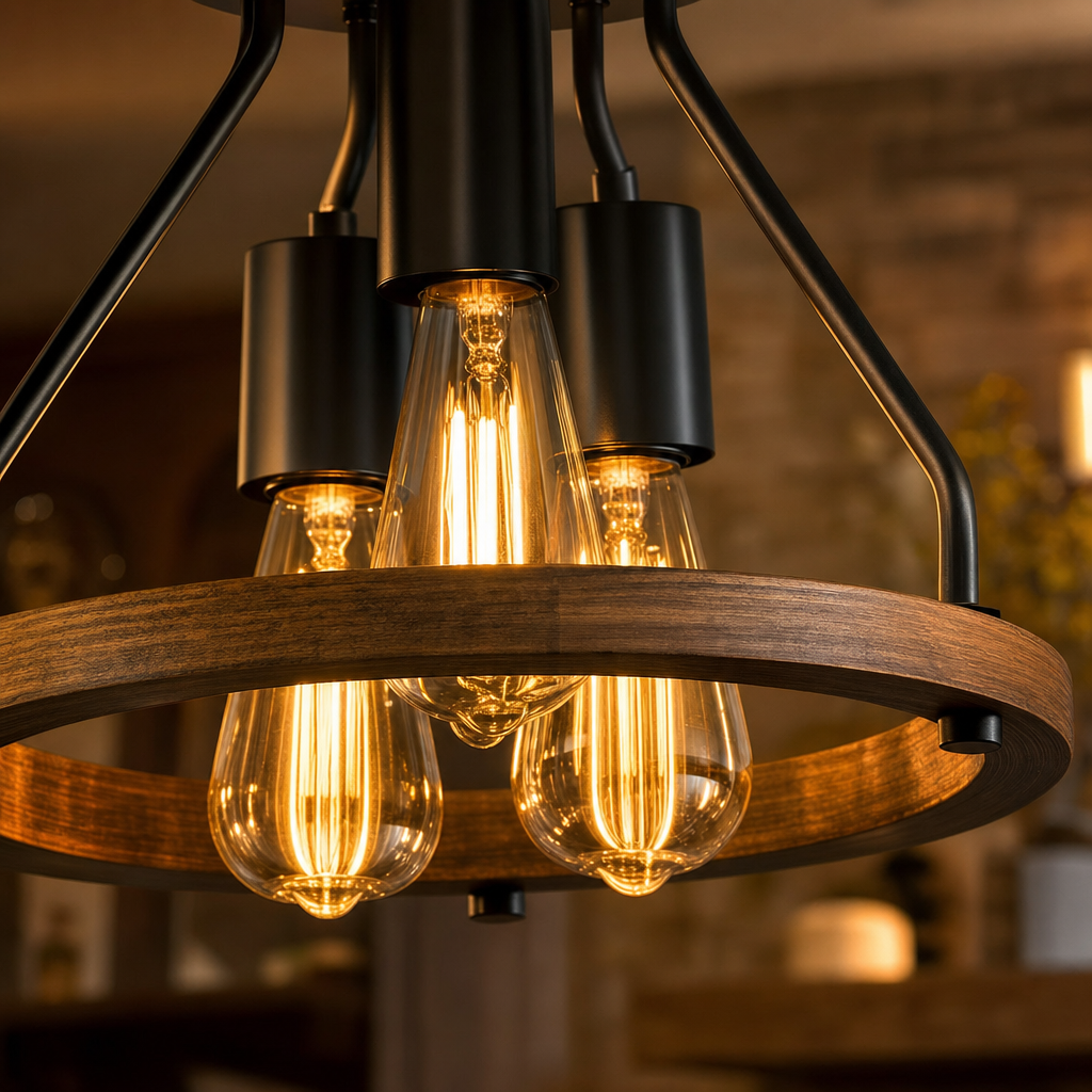 Rustic Farmhouse 3-Light Chandelier | Semi-Flush Mount, Metal End with E27 Base for Hallway, Bedroom & Kitchen Decor, Includes Installation Hardware, No Bulbs Included