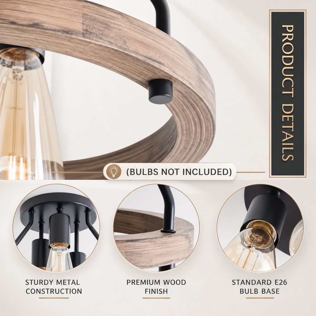 Rustic Farmhouse 3-Light Chandelier | Semi-Flush Mount, Metal End with E27 Base for Hallway, Bedroom & Kitchen Decor, Includes Installation Hardware, No Bulbs Included