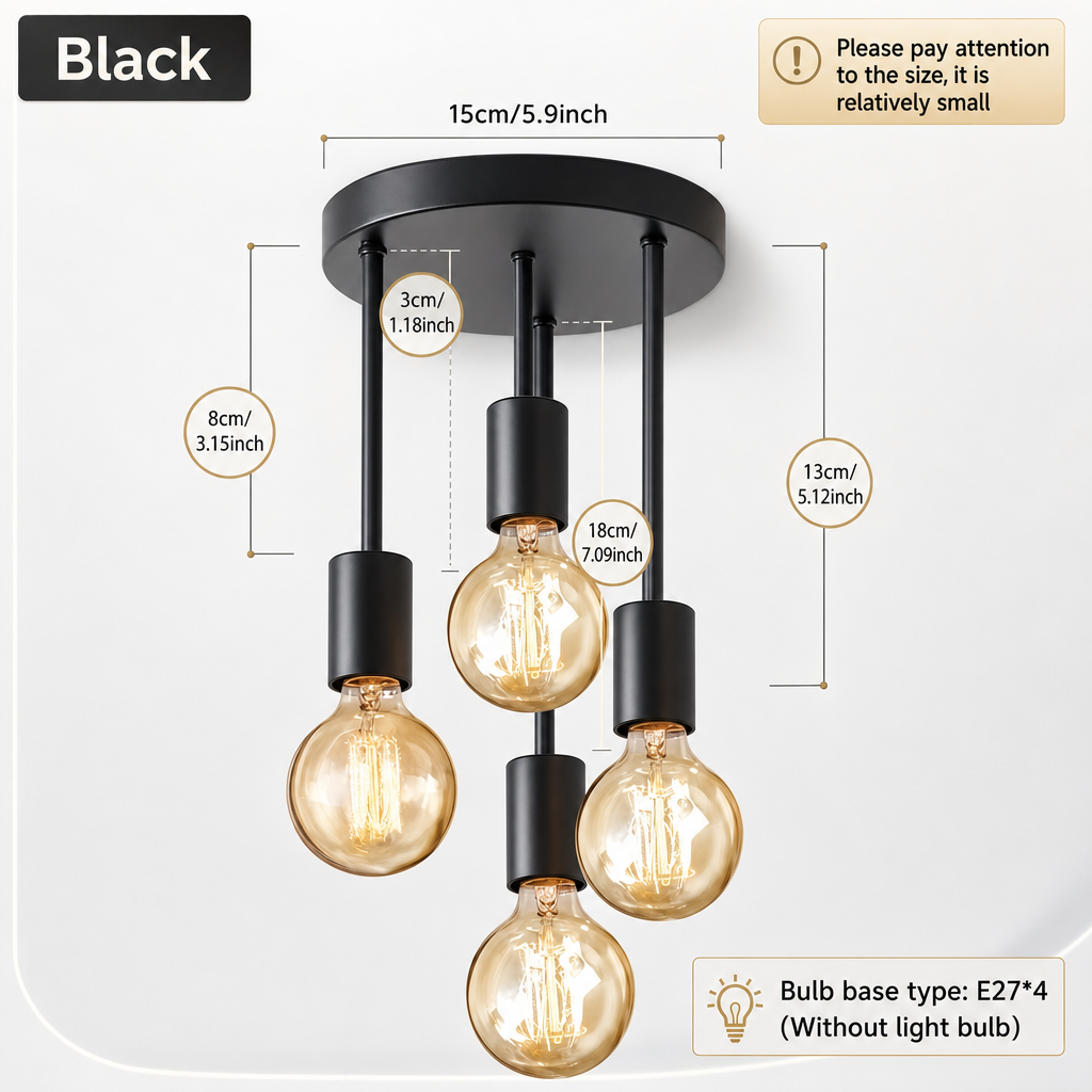 1 modern black 4-light E27 ceiling light, hallway balcony bedroom hallway dressing room dining room kitchen Halloween Christmas chandelier, diameter 15cm/5.9 inches (without bulb)