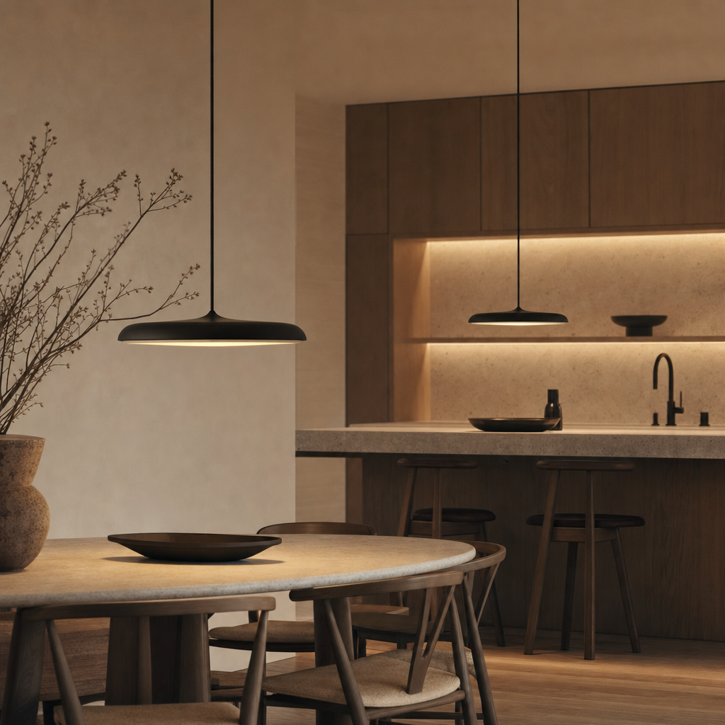 Moderne LED hængelampe til spisestue | Stilfuldt design i metal | Velegnet til forskellige interiørstilarter | Runde loftroser | Fås i blå, pink,