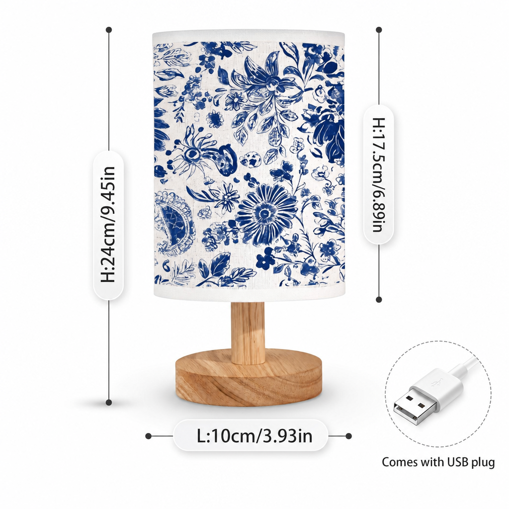 Deep Blue Japanese Floral Design Table Lamp | Modern USB Powered Bedroom Decor | Indoor Lighting with Lampshade | Decorative Night Light