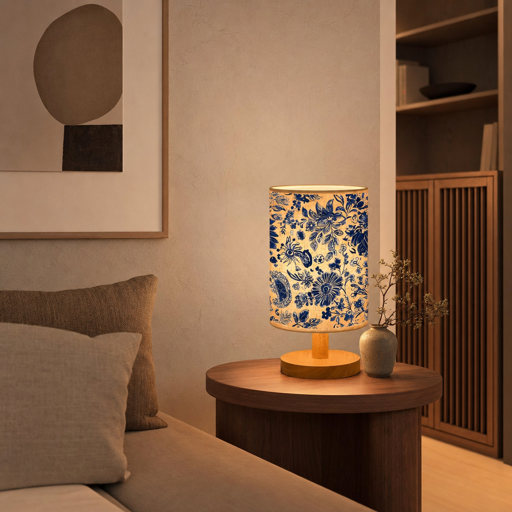 Deep Blue Japanese Floral Design Table Lamp | Modern USB Powered Bedroom Decor | Indoor Lighting with Lampshade | Decorative Night Light
