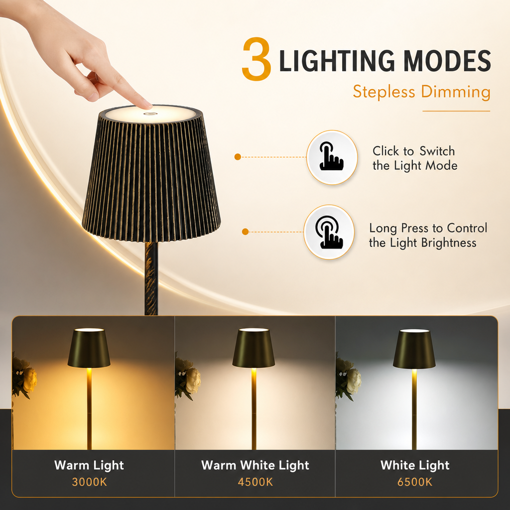 Modern LED Touch Lamp | Rechargeable Wireless Table Light | 3-Color Adjustable Brightness | Metal Pagoda Shade