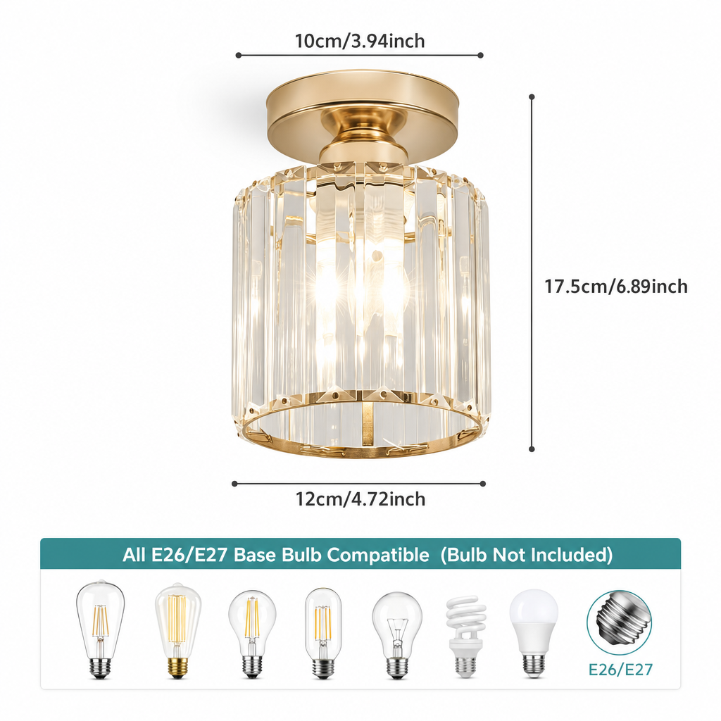 Modern Crystal Ceiling Light | Semi Flush Mount | E27 Base | Metal Varnished Fixture | Home Decor | Corridor Bedroom Kitchen Lighting