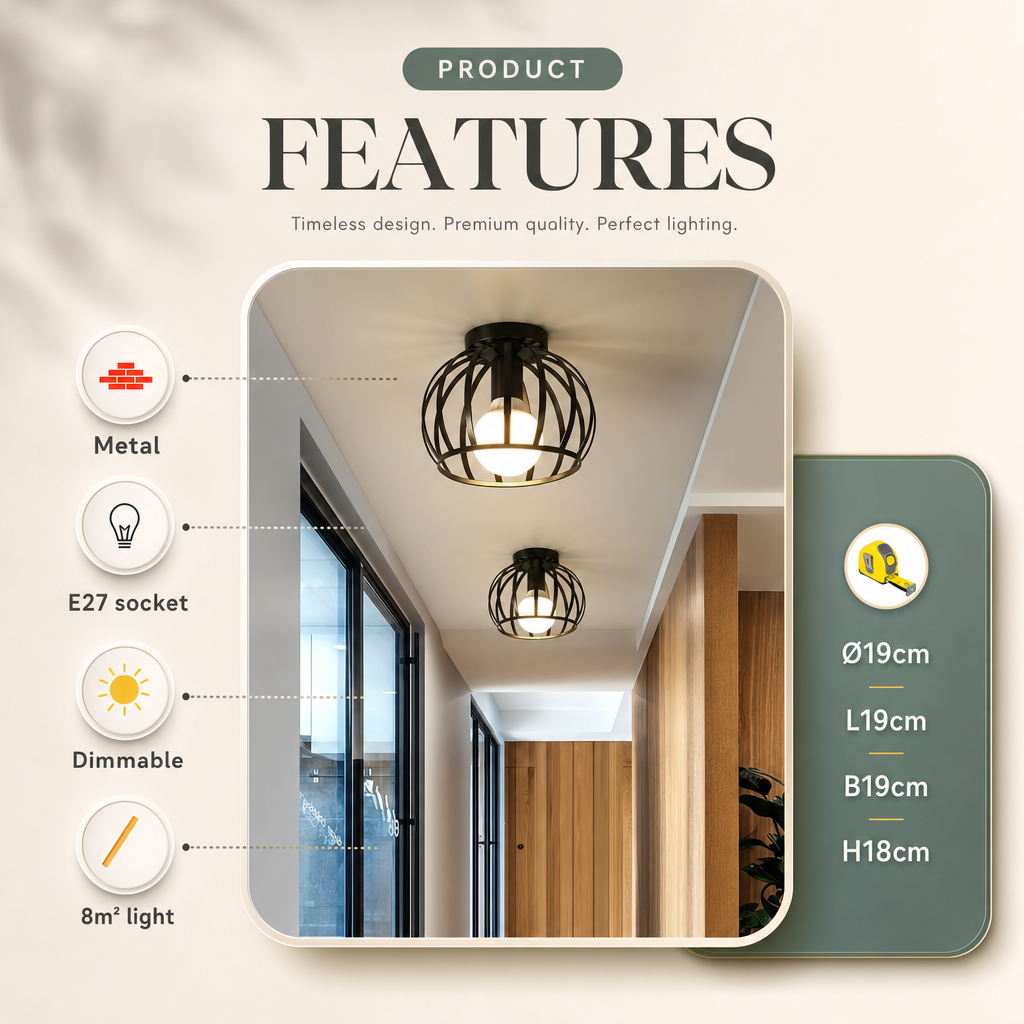 Industrial Flush Mount Ceiling Light | Black Cage Design | Ideal for Bedrooms, Bathrooms, Hallways | Open Finish