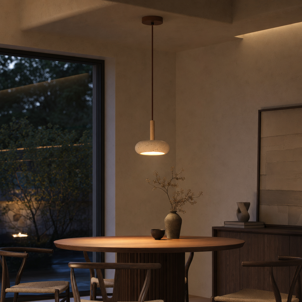 TranquilHalo LED Hanging Light | Adjustable Height | Yellow Stone & Wood | Easy Install | Warm Glow | 2m Cord | 15cm Diameter