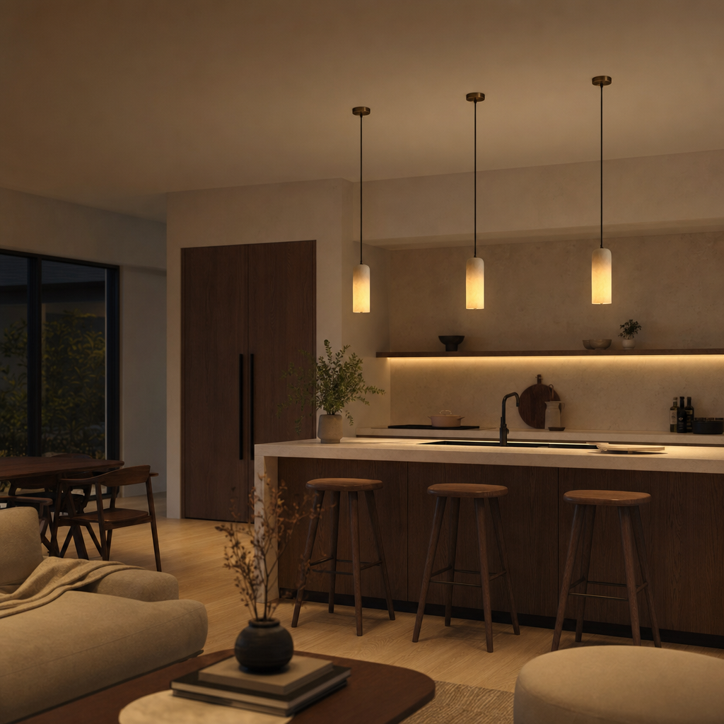 Alabaster Shade Pendant Light | Mid-Century Modern Design | Brass Finish | E26 LED Compatible | Indoor Hanging Lamp