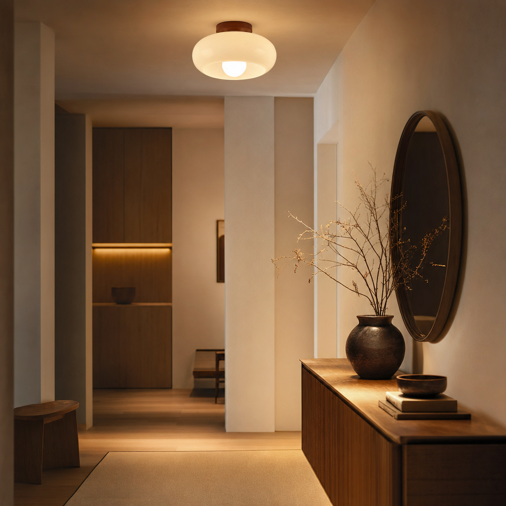 Franse Bauhaus Plafondlamp – Warm Sfeervol Licht met Houten Detail