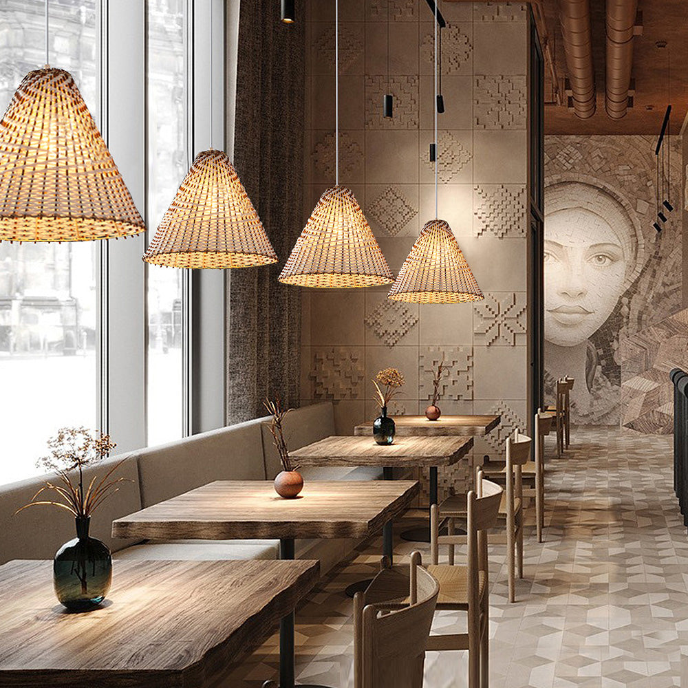 Ręcznie robiona lampa wisząca w stylu boho | Tkany rattan | Śr. 36 x Wys. 30 cm | Naturalny design | Gniazdo E27 | 110 V-120 V | Kolor drewna i biel