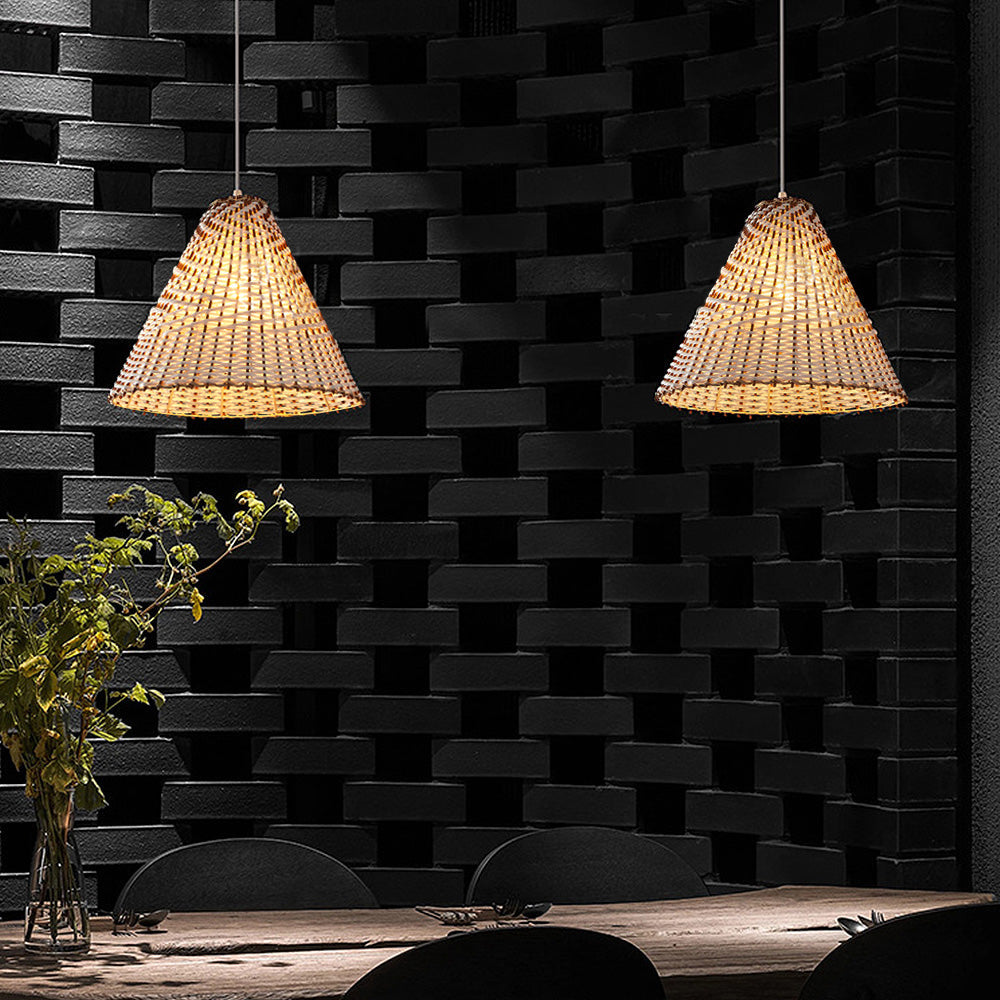 Ręcznie robiona lampa wisząca w stylu boho | Tkany rattan | Śr. 36 x Wys. 30 cm | Naturalny design | Gniazdo E27 | 110 V-120 V | Kolor drewna i biel