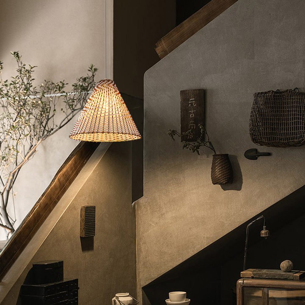 Ręcznie robiona lampa wisząca w stylu boho | Tkany rattan | Śr. 36 x Wys. 30 cm | Naturalny design | Gniazdo E27 | 110 V-120 V | Kolor drewna i biel