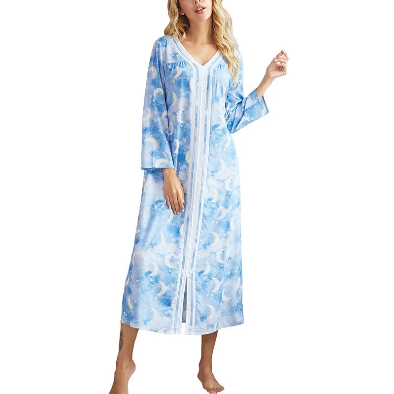 CottonLuxe Plus Size | Langærmet Natskjole | 100% Bomuld | Stilfuldt Print og Slid | Komfortabel og Åndbar | Naturlig Pasform | Ideel til Alle Årstider
