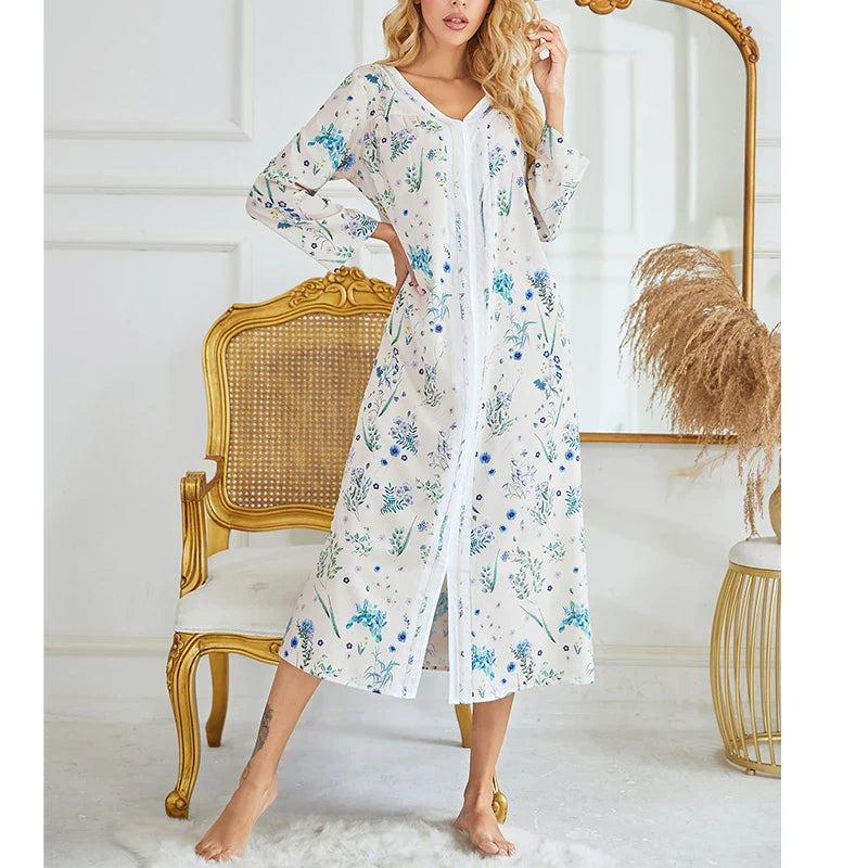 CottonLuxe Plus Size | Langærmet Natskjole | 100% Bomuld | Stilfuldt Print og Slid | Komfortabel og Åndbar | Naturlig Pasform | Ideel til Alle Årstider