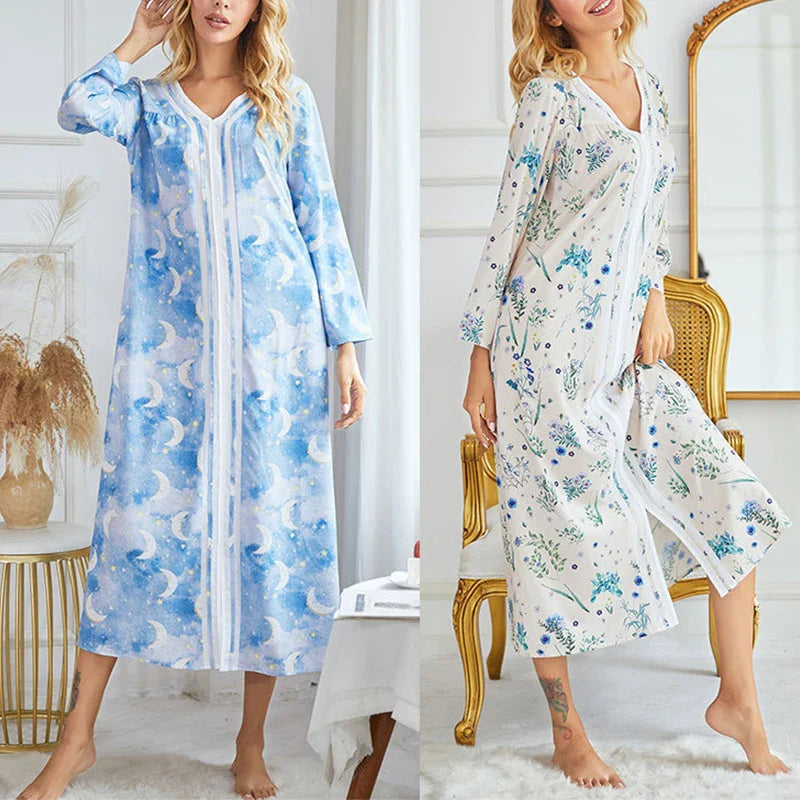 CottonLuxe Plus Size | Langærmet Natskjole | 100% Bomuld | Stilfuldt Print og Slid | Komfortabel og Åndbar | Naturlig Pasform | Ideel til Alle Årstider