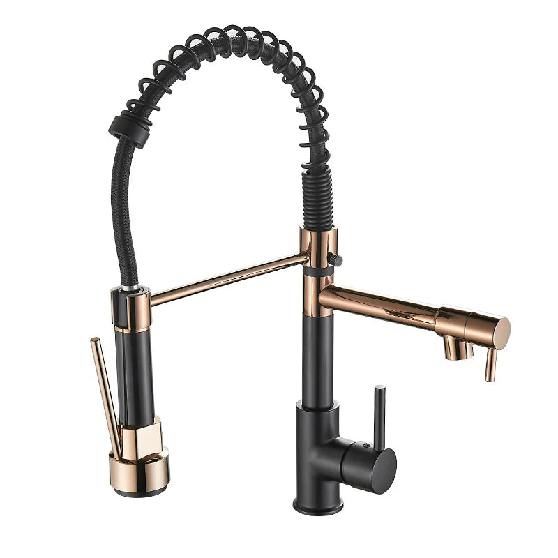 AquaLuxe Køkkenhane | Dobbelt Tud Design | Sort & Guld Finish | Premium Messing | Fleksibel Fjederhane | Elegant og Funktionel Vandhane | Høj Kvalitet | Moderne Kran Til Køkken Indretning