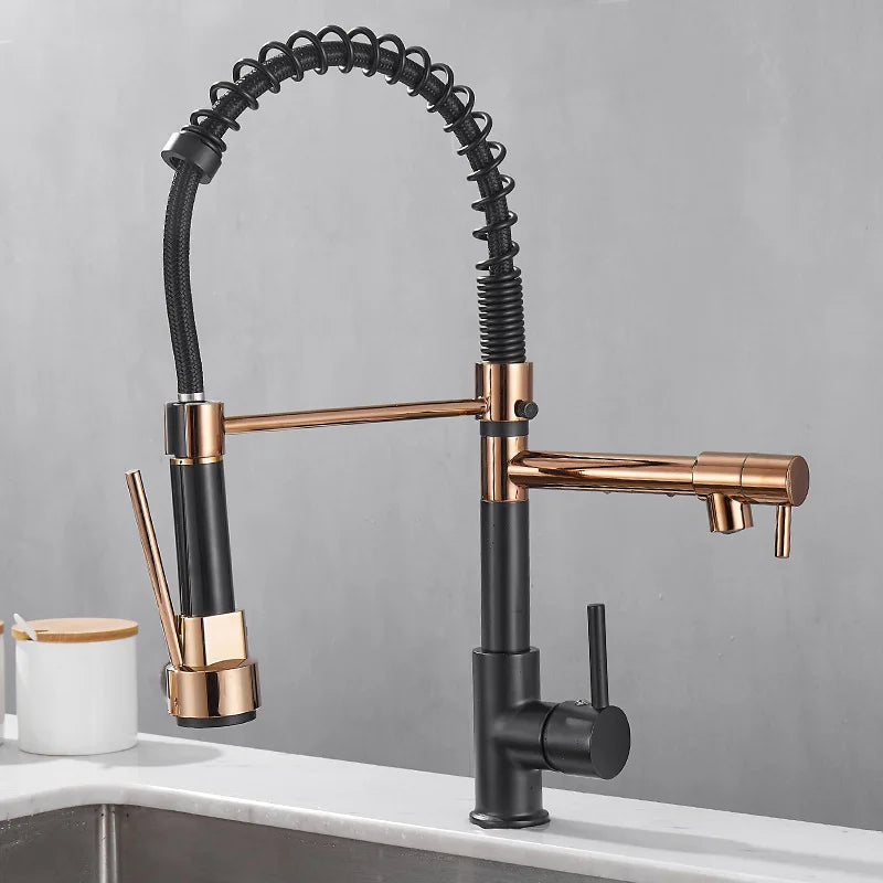 AquaLuxe Køkkenhane | Dobbelt Tud Design | Sort & Guld Finish | Premium Messing | Fleksibel Fjederhane | Elegant og Funktionel Vandhane | Høj Kvalitet | Moderne Kran Til Køkken Indretning
