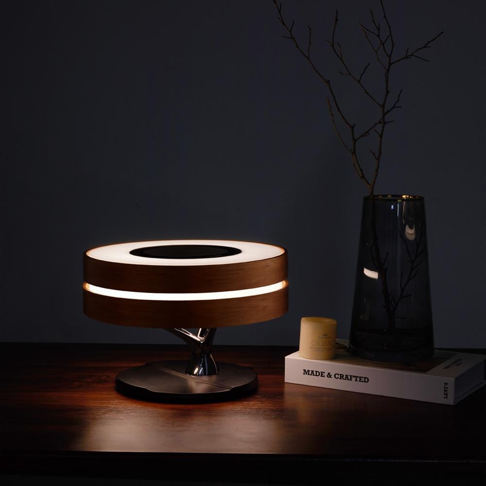 Lampe de bord LED | Design rond en bois | Haut-parleur Bluetooth intégré | Charge sans fil | Luminoir | Éclairage moderne