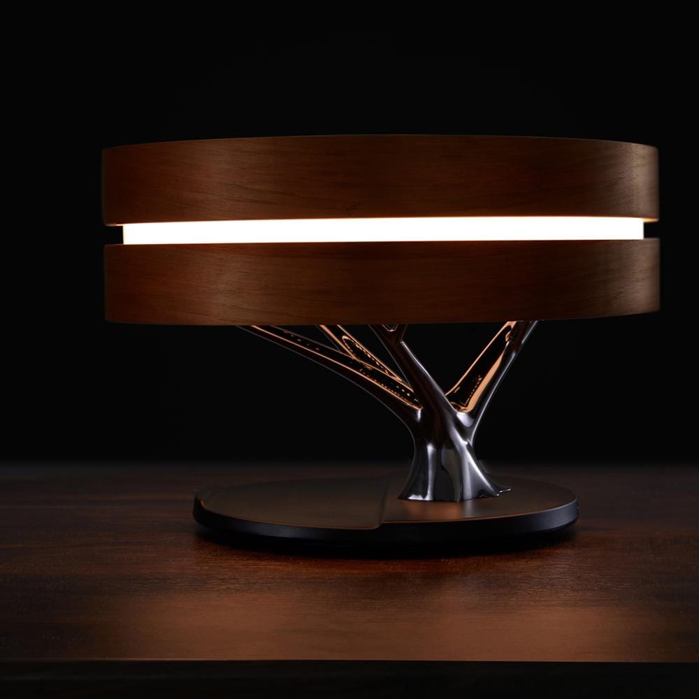 Lampe de bord LED | Design rond en bois | Haut-parleur Bluetooth intégré | Charge sans fil | Luminoir | Éclairage moderne