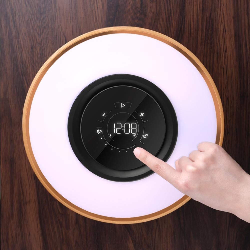 Lampe de bord LED | Design rond en bois | Haut-parleur Bluetooth intégré | Charge sans fil | Luminoir | Éclairage moderne