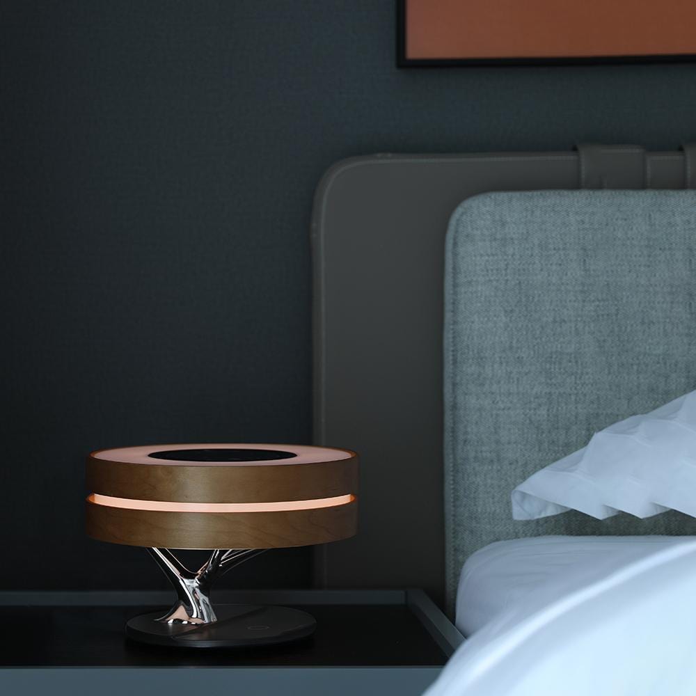 Lampe de bord LED | Design rond en bois | Haut-parleur Bluetooth intégré | Charge sans fil | Luminoir | Éclairage moderne