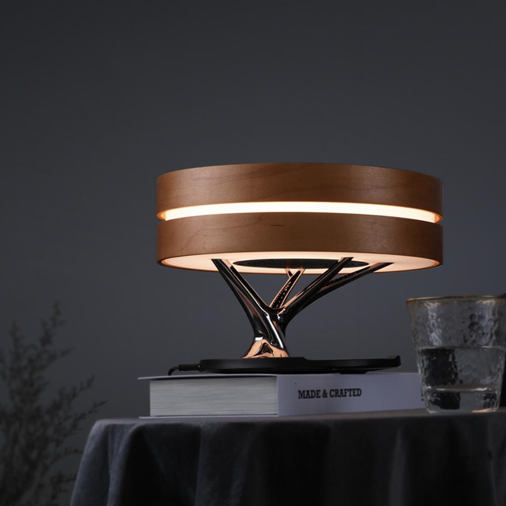 Lampe de bord LED | Design rond en bois | Haut-parleur Bluetooth intégré | Charge sans fil | Luminoir | Éclairage moderne