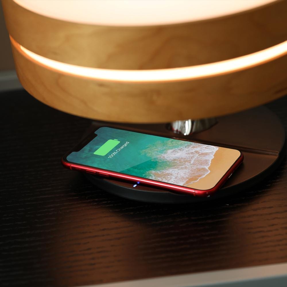 Lampe de bord LED | Design rond en bois | Haut-parleur Bluetooth intégré | Charge sans fil | Luminoir | Éclairage moderne