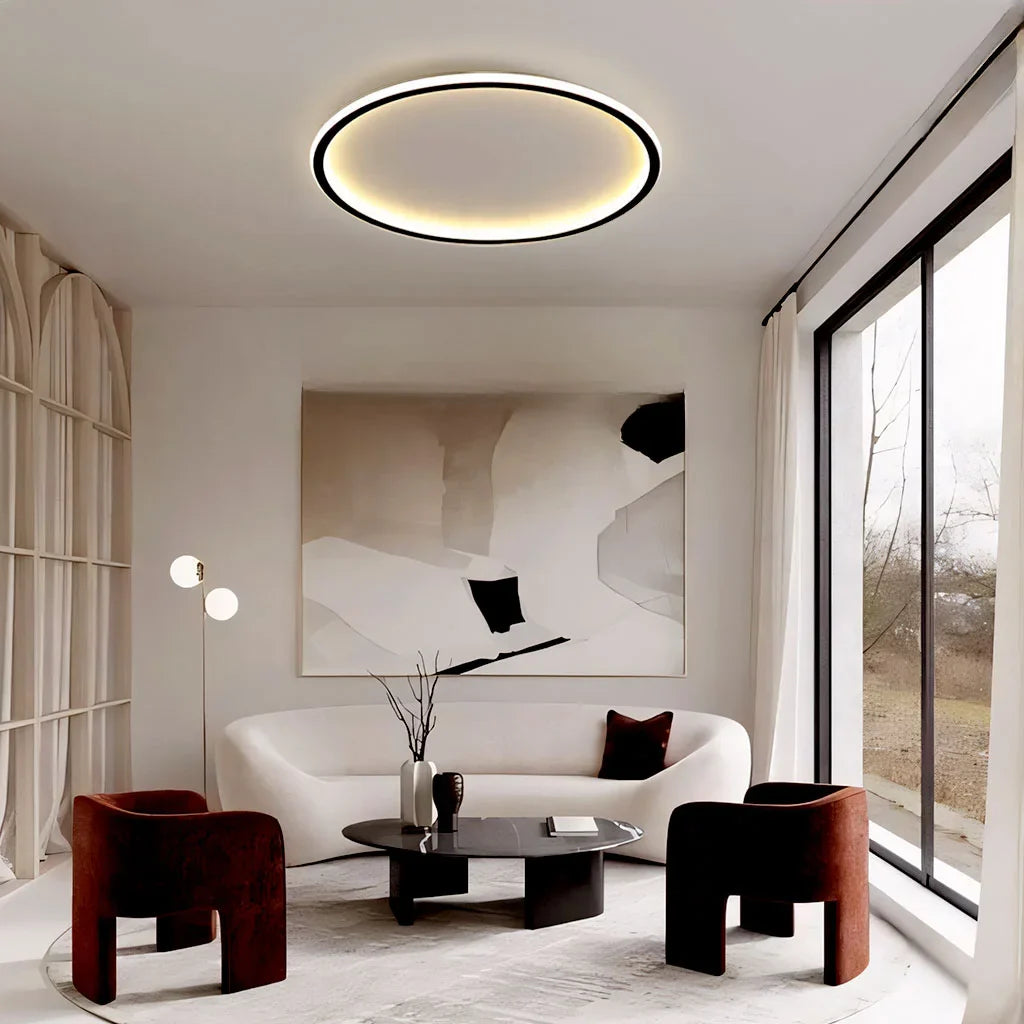 Zev Rund Loftlampe | Moderne Design | Kunstnerisk Silhuet | Premium Metal & Akryl | Tidløse Farver | Perfekt til Enhver Rumstørrelse | Hjem Belysning | Sort & Hvid | Chic og Funktionel Indretning