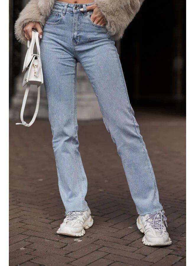 Jeans til kvinder | Lige ben | Diamantmønster | Subtil glans | Komfortabel pasform | Højkvalitets denim | Stilfuldt og alsidigt design | Elegant og