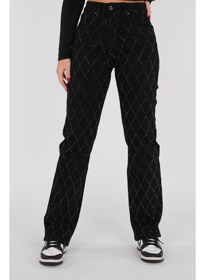 Jeansy damskie | Proste nogawki | Wzór w romby | Subtelny połysk | Wygodny krój | Wysokiej jakości denim | Stylowy i uniwersalny design | Elegancki i
