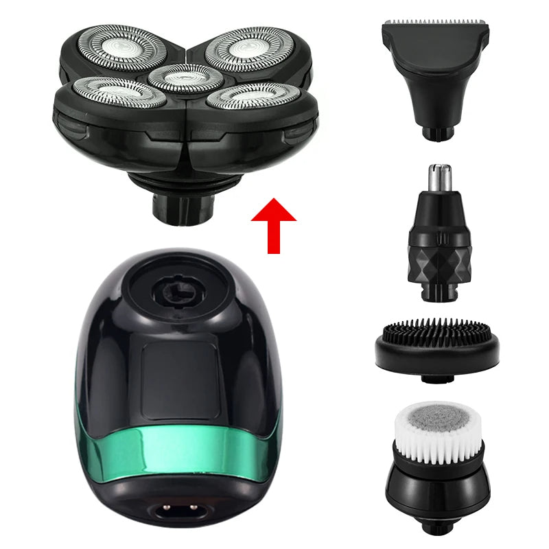 Elektrisk 5-i-1 Roterende Barbermaskine | Vandtæt IPX7 | Digital Display | Nakke- & Øretrimmer | 5D Flydende Hoveder | Komplett Grooming Kit til Mænd | Genopladelig 600mAh Batteri | USB Opladning