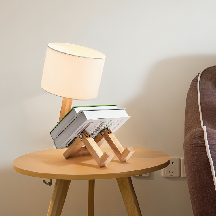 NordicLight | Lampe de table élégante avec étagère intégrée | Design scandinave | Blanc et couleur bois | Éclairage réglable | Métal et matériaux en