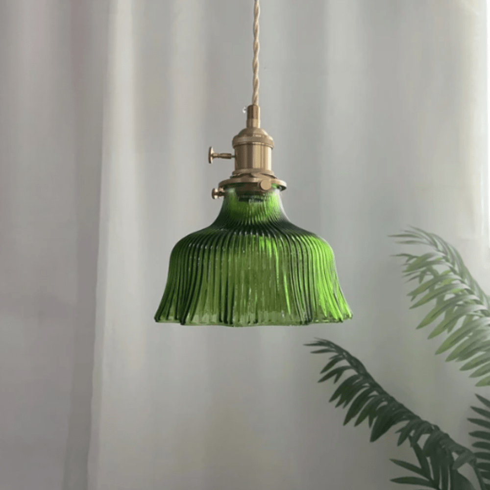 Lampe suspendue vintage | Verre et cuivre | Vert, Rose, Jaune | Hauteur réglable | Design scandinave | Charme intemporel | Idéal pour salle à manger